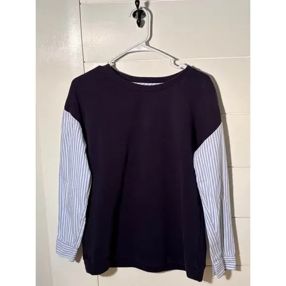 Talbots Navy Blue Striped Sleeve Sweatshirt | Preppy Chic Colorblock Top Size M - Picture 3 of 5